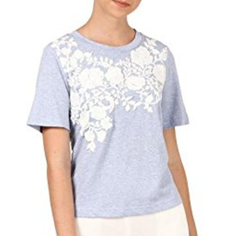 Anthropologie Pankaj & Nidhi Womens Floral Applique T-Shirt Sz L Crew Neck Boho